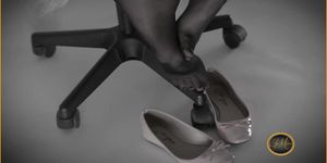 Sexy secretary ripping nylon stockings into ballet flats