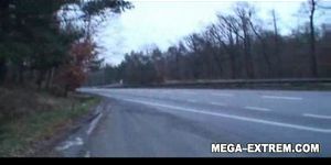 Public car-sex outdoor by amateur couple in front of the highway