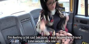 Pigtailed brunette amateur bangs in fake taxi
