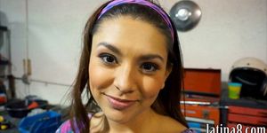 Hot latina girlfriend teen banged and eats cum in a garage