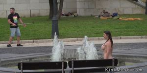 Huge tits slave bath in public fountain (Lena , Lucia Love)