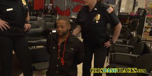 Criminal gets his black long cock sucked by perverted milf cops