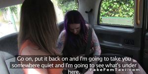 Purple haired client licks female fake taxi driver