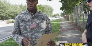 Sexy busty cops bust a fake soldier on the street and they have interracial sex with him