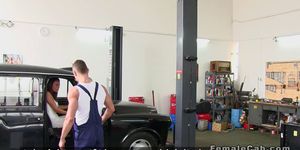 Auto mechanic fucks female cab driver in his shop