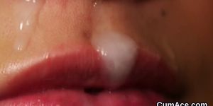 Horny peach gets cumshot on her face eating all the jism