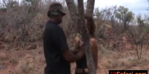 Two horny dudes seduce and fuck sexy African amateur during their Safari trip