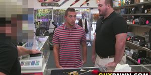 Handsome guy given money to fuck two homo pawn shop workers