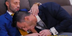 MEN PLAYING - Businessmen enjoy champagne before sloppy blowjobs and anal
