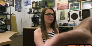 Beautiful babe with glasses gets boned by pawn keeper