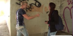 Sindy flashes tits after getting caught doing graffiti under bridge