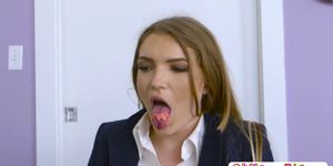 Beautiful cute teen Amber Gray swallows huge cock