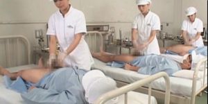 Sweet asian nurses giving handjob in group for cum sample