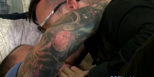 Tattoed dude sprays cum