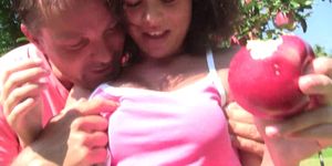 YOUNG BUSTY - Young brunette Linet gets big tits jizzed outdoors