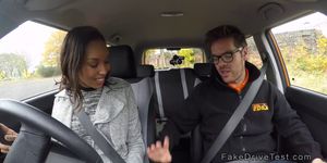 Ebony driving student bangs instructor