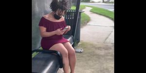 Ebony caught Flashing and Masturbating at public bus stop!!