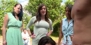 Hazed lesbos in outdoor humiliation getting queened