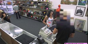 Desperate Latina flaunts tits and gives pawnshop owner paid blowjob