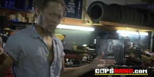 Officers take advantage of mechanic shop owners big black cock