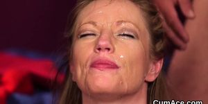 Feisty model gets cumshot on her face eating all the cum