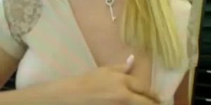 Busty blonde flashes, toys and squirts in a public library