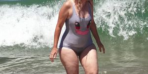 Girl Leaving Water Wet Swimsuit is Transparent Shows her Hairy Cunt
