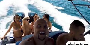 Cute teen coeds enjoyed nasty group sex on speedboat
