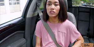 Naughty babe Aria Skye flashes small tits for a ride