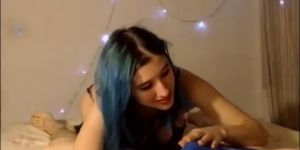 Curvy Blue-haired Teen Worships his Cock