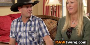 Cowboy couple get into their first orgy and swinger experience at the Swinger Mansion with hot girls