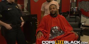 Customer at a barbershop gets fucked by two horny cops just for his huge cock Join us