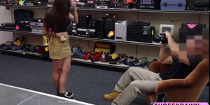 Naughty sweet babe strips twice to get cash in the pawnshop and willing to gets fucked