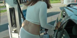 fill the car with petrol in my mini skirt (no panties) and belly button shirt (no bra)