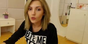 Skinny blonde girl shows her body in her room - video 1