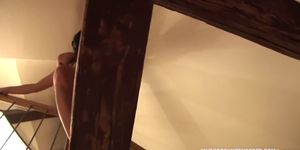 Big boobs Kora Kryk in leather straps naked on beams