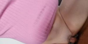 Naughty girl gets two creampies while showing her huge boobs out of her pink sweater