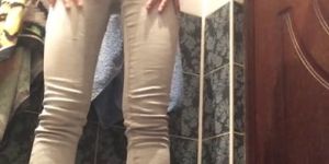 Eli Pees and Showers in Tight Grey Jeans & Socks