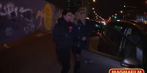 Sexy blonde and brunette love sharing a dick in the street