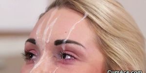 Slutty peach gets cumshot on her face swallowing all the jism