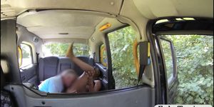 Busty ebony gets her shaved pussy screwed by the driver