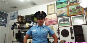 Brunette Police officer spreads legs