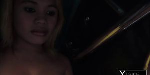 Asian petite prostitute Ailyn on body stocking drilling interracial cock costumer