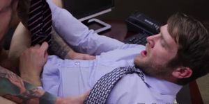 Gay office jock jumps on managers cock