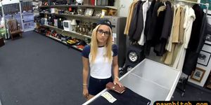 Cute babe with glasses boned by pawn guy