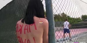 Sweet teen fucked by two guys on tennis court