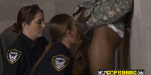 Horny MILFs are banging a fake black soldier in jail
