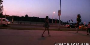 Sexy babe fucked in public and gets creampie at night