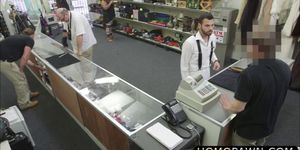 Latino hairy dude tricked to sucked dick behind the counter and gets ass filled with cock