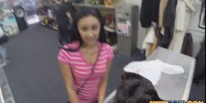 Sexy latin girl strips of her clothes and sucks cock in pawn shop